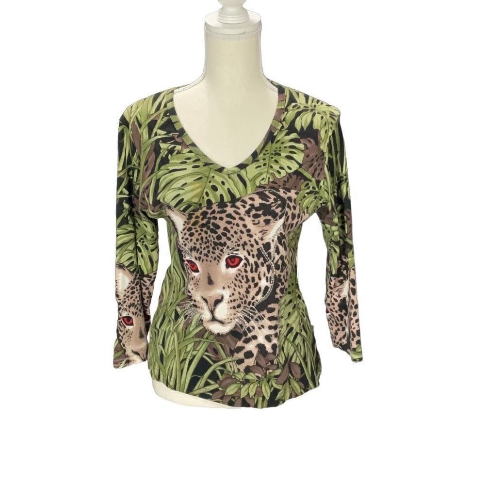 Fashque J Georgina 3/4 Sleeve Embellished V Neck Leopard Green Pullover Top Sz M